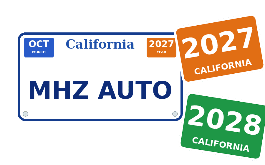 California license plate MHZ AUTO with 2027 and 2028 registration stickers
